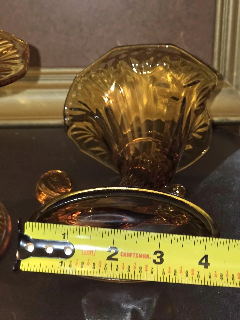 Set of Fenton Amber Glass Cornucopia Candleholders w Ruffled Rims & Fluted Base